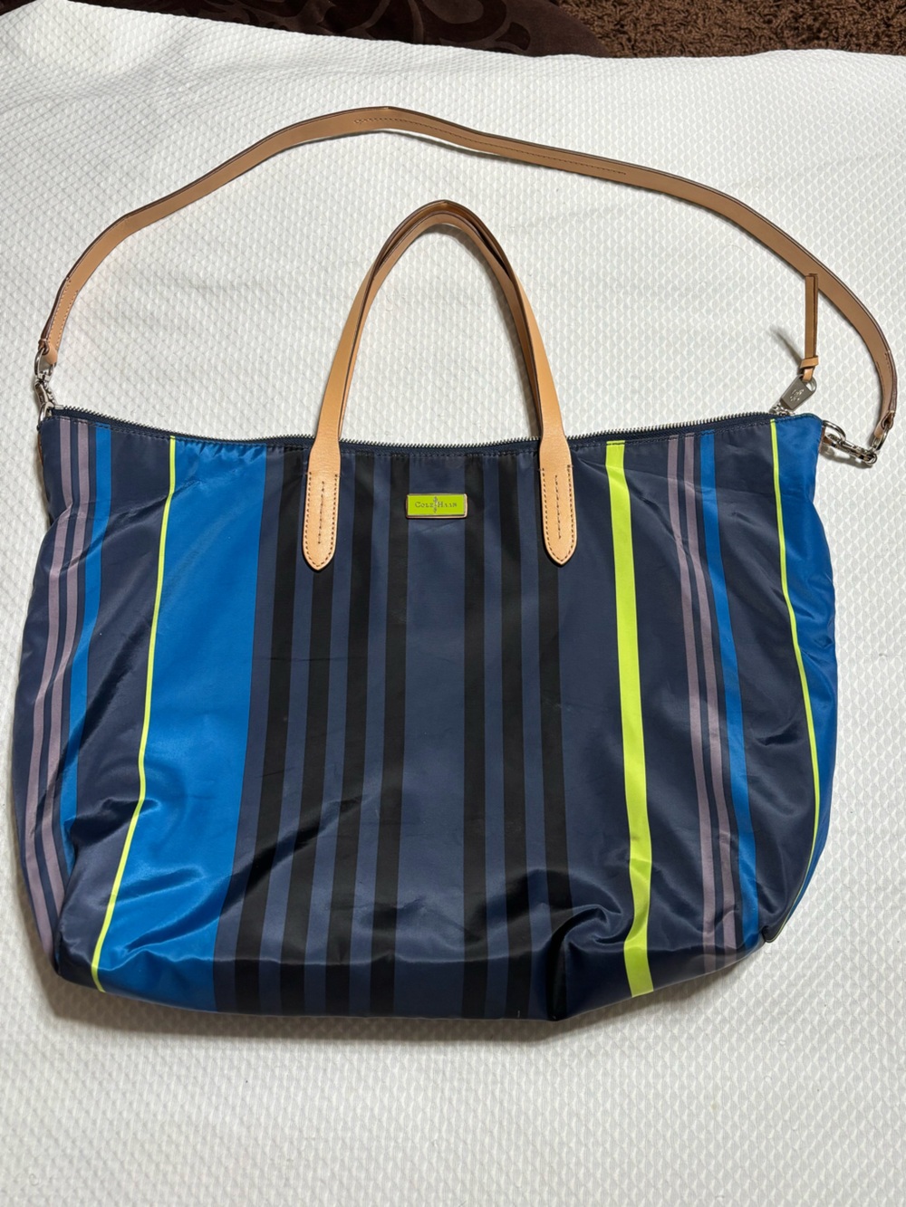 Cole Haan Lightweight Striped Tote in Navy, Blue & Lime with Tan Handles